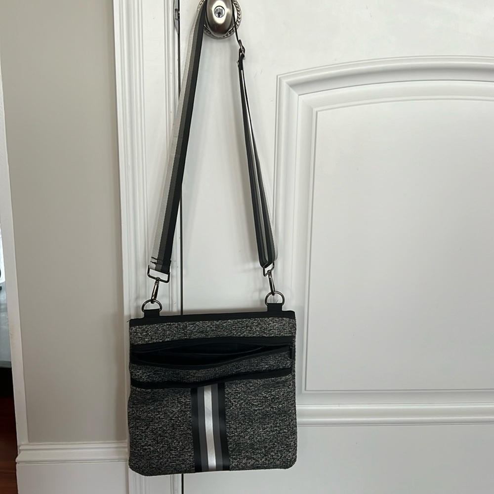 Haute House Haute Shore Peyton Crossbody.  Shadow black with stripe.